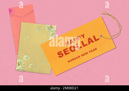 Card with greetings of Happy Seollal. Happy Korean New Year Stock Photo