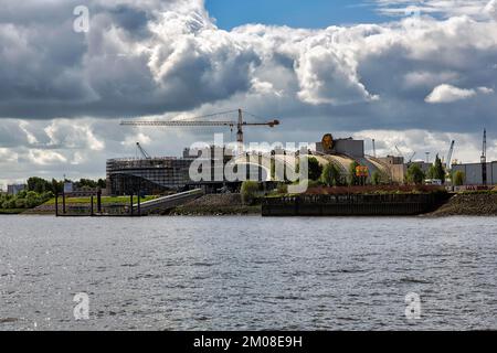 View from the Elbe to Theater im Hafen Hamburg, musical hall for The Lion King, construction cranes, Steinwerder, Hamburg, Germany, Europe Stock Photo