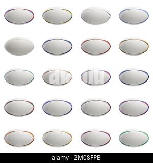 A collection of white textured rugby balls with various color design elements on a isolated background - 3D render Stock Photo