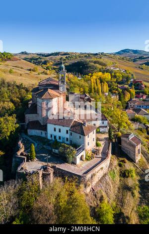 Aerial view of the Santuario della Passione with the sacred mount. Torricella Verzate, Oltrepo Pavese, Pavia district, Lombardy, Italy. Stock Photo