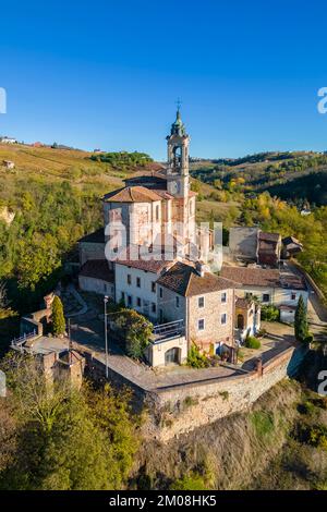 Aerial view of the Santuario della Passione with the sacred mount. Torricella Verzate, Oltrepo Pavese, Pavia district, Lombardy, Italy. Stock Photo