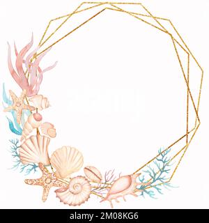 Watercolor sea objects and golden wreath, shell and corals, starfish and pearl, invitation card template Stock Photo