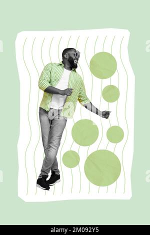 Vertical creative photo collage picture of funny funky cheerful satisfied guy dancing having fun isolated on green color background Stock Photo