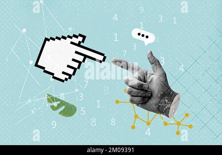 Mouse cursor hand finger pixel and human hand  Stock Photo