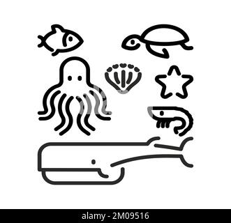 Marine animals set linear symbol icon. Octopus and turtle, fish and shrimp. Whale and starfish. Sea animal line sign Stock Vector