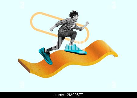 Composite collage image of excited active guy black white colors wear huge shoes running isolated on painted background Stock Photo