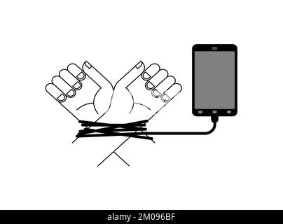 Smartphone ties hands. Concept modern gadget is a trap. phone addiction Stock Vector