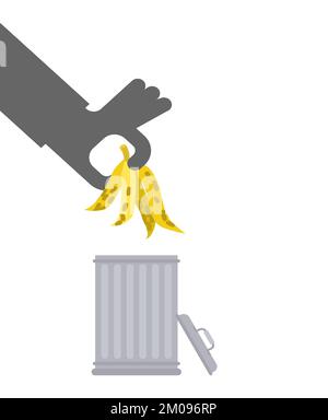 Throw banana peel in trash. Hand throws banana into trash can. Stock Vector