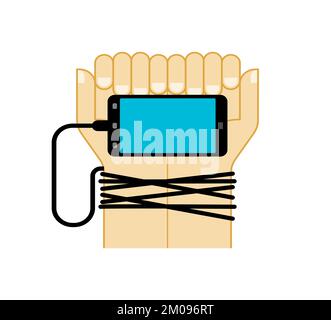 Smartphone ties hands. Concept modern gadget is a trap. phone addiction Stock Vector