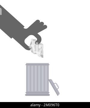 Throw garbage in trash. Hand throws garbage into trash can. Stock Vector