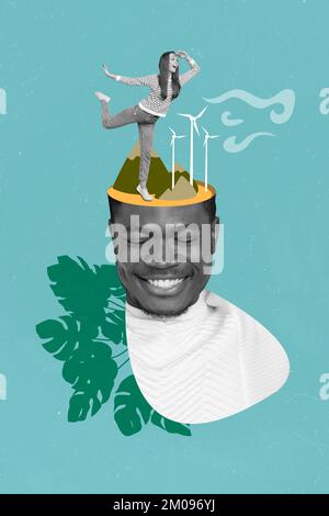 Vertical collage picture of mini girl stand big black white guy head windmill green leaves isolated on creative background Stock Photo