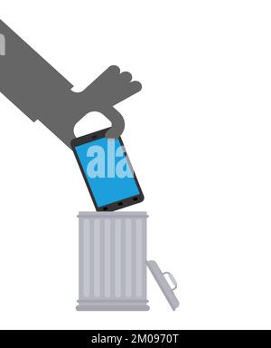 Throw Smartphone in trash. Hand throws telephone into trash can. Stock Vector