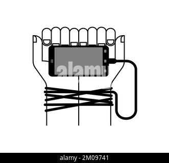 Smartphone ties hands. Concept modern gadget is a trap. phone addiction Stock Vector