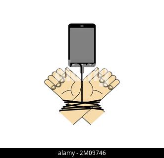 Smartphone ties hands. Concept modern gadget is a trap. phone addiction Stock Vector