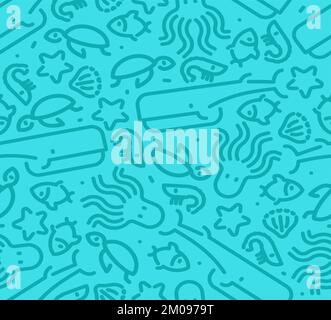 Marine animals set linear pattern seamless. background Octopus and turtle, fish and shrimp. Whale and starfish. Sea animal Ornament of kids fabric Stock Vector