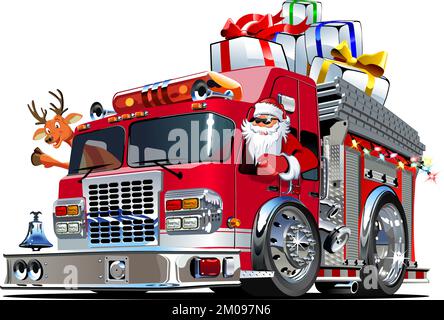 Cartoon retro Christmas firetruck, Santa and reindeer. Available eps-10 vector format separated by groups and layers for easy edit Stock Vector