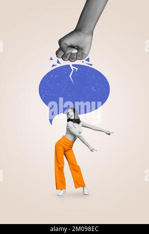 Collage photo funky youngster lady dancing finger point empty space looking curious cracked chatterbox speech isolated on white color background Stock Photo