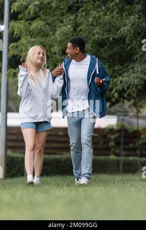 full length of multiethnic couple gesturing and talking during walk in park Stock Photo