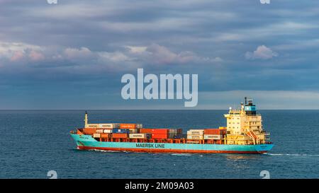 Maersk Line Container Ship on sea at sunrise, Barcelona, Spain, Europe Stock Photo