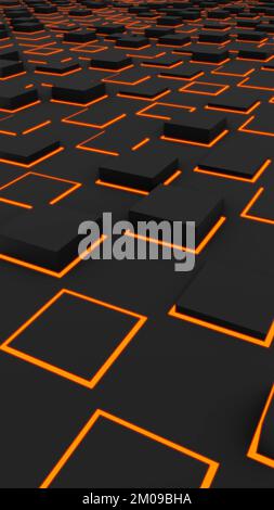 Vertical futuristic background of black squares with orange neon border Stock Photo