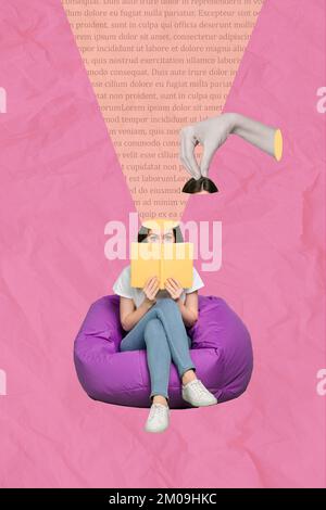 Photo artwork minimal collage picture of arm open head reading interesting book lady isolated drawing background Stock Photo