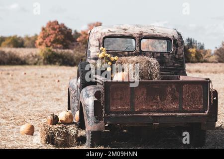 Old rusty truck decorated for fall with pumpkins and hay Stock Photo