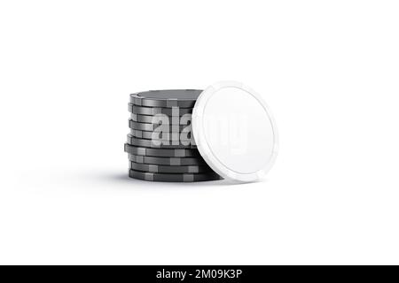 Blank white plastic round chip mockup stand black stack, isolated, 3d rendering. Empty gaming token for jackpot bet mock up, side view. Clear stacked Stock Photo