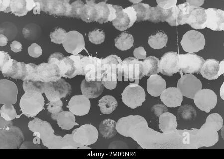 Handmade painted drawing with many circles and dots in a black and white monochrome. Stock Photo
