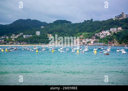 View over the bay with mountains in the background Stock Photo