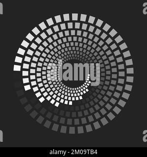 geometric shapes with different grayscale that makes a concentric dashed lines or circles. Halftone optical illusion effect. Vector element with copy Stock Vector