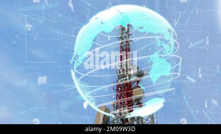 Telecommunication tower with 3D graphic of global business alteration and e-commerce against blue sky in concept of worldwide internet network Stock Photo
