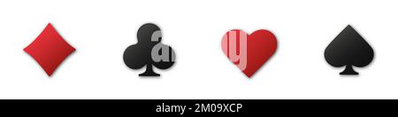 Set collection gambling sign symbol of playing card suits and chips for poker and casino. Hearts, clubs, diamonds and spades on an isolated white back Stock Vector
