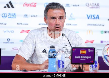 Doha, Qatar. 05th Dec, 2022. Luis Enrique, Head Coach of Spain, speaks during the Spain Press Conference on match day -1 at main media center on December 05, 2022 in Doha, Qatar. Credit: Brazil Photo Press/Alamy Live News Stock Photo