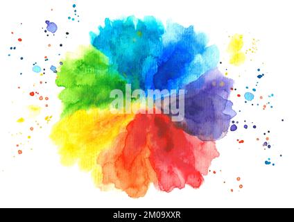 Colorful watercolor abstract background rainbow style in a form of a flower with splatter. Isolated on white background. Stock Photo