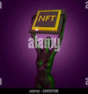 NFT non-fungible tokens concept - NFT sign in hands. 3d rendering Stock Photo