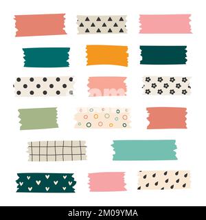 Set of colorful patterned washi tape strips. Vector illustration of a cute decorative scotch tape Stock Vector
