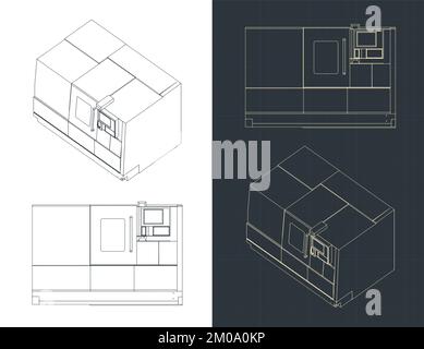 Stylized vector illustration of blueprints of CNC turning milling machine Stock Vector