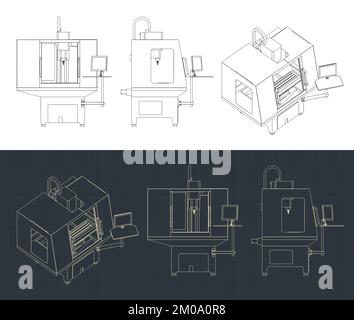 Stylized vector illustration of blueprints of CNC turning milling machine Stock Vector