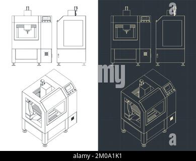 Stylized vector illustration of blueprints of CNC turning milling machine Stock Vector