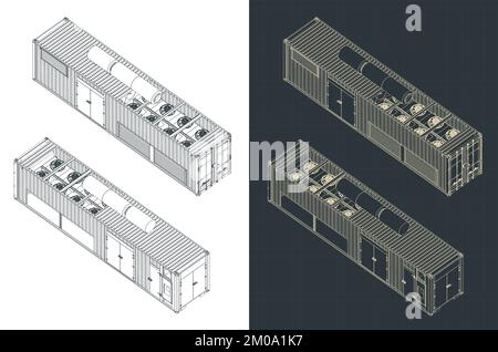 Stylized vector illustration of isometric blueprints of container type generator Stock Vector