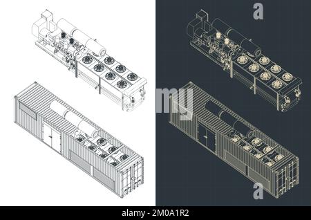 Isometric blueprints of container type generator structure Stock Vector