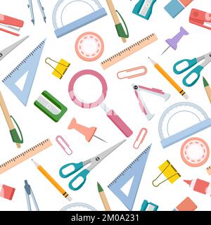 Vector seamless pattern Stationery items for school Illustration Goods for training. Back to school. Pencil Sharpener Compass Protractor Pen Scissors Stock Vector