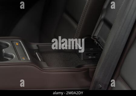 Opened car glove box compartment. Glove compartment of car. Stock Photo