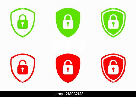 Set of Shield Lock and Unlock Icon. Symbol padlock. Vector sign Illustration. Stock Vector