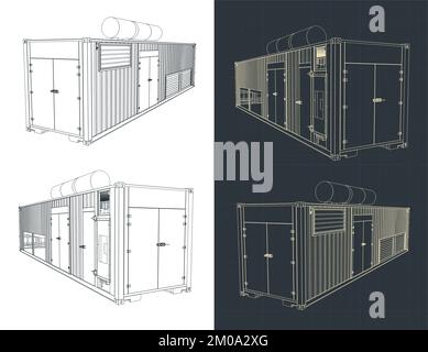 Stylized vector illustration of isometric blueprints of containerized generator Stock Vector