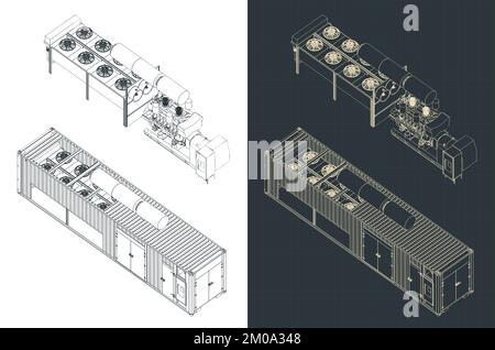 Isometric blueprints of container type generator structure Stock Vector