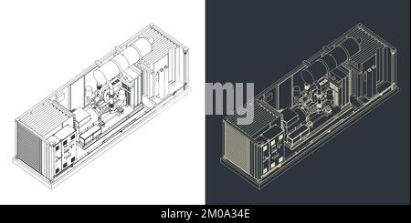 Isometric drawings of container type generator structure Stock Vector