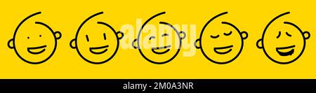 Set of outline emoticons doodle happy face icon. Black line emoji on yellow isolated background. Vector illustration symbol collection. Stock Vector