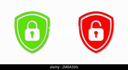 Set of Shield Lock and Unlock Icon. Symbol padlock. Vector sign Illustration. Stock Vector