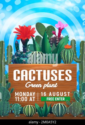 Flower shop poster. Cactuses and succulents shop sale advertising vector  banner or flyer with announcement info on wooden planks board. Mexican  dessert flowering cactus, prickly succulents Stock Vector Image & Art -